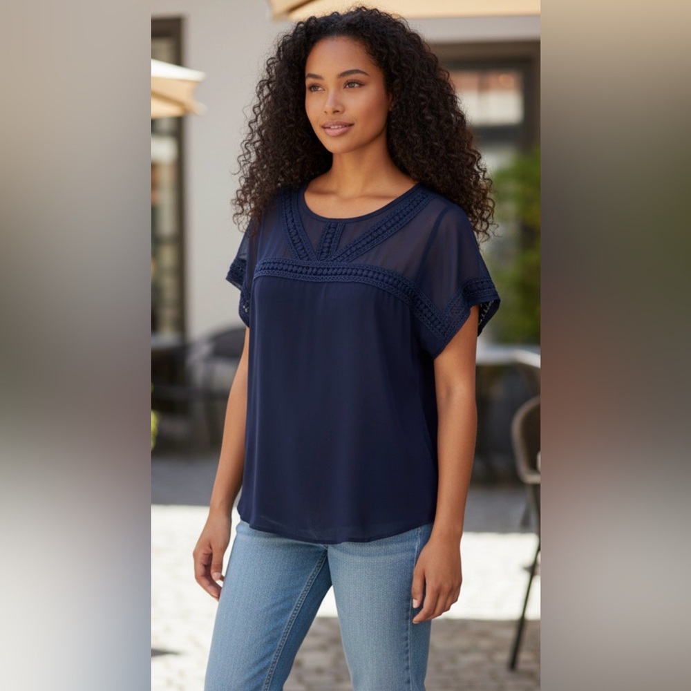 Misia Navy Blue Lace Accent Blouse